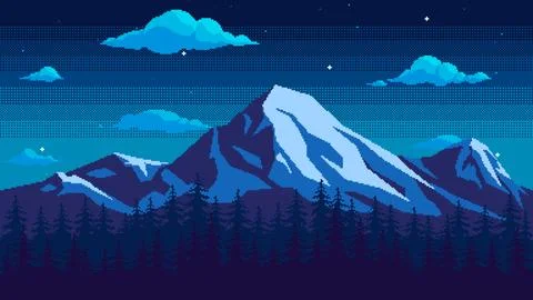 Pixel art mountain background at night. Seamless landscape backdrop of a pi.. Illustrazione stock