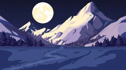 Pixel art mountain background at night. Seamless landscape backdrop of a pine Illustrazione stock