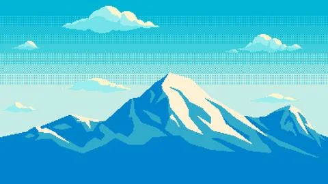 Pixel art mountains with clouds seamless background. 스톡 일러스트