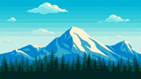 Pixel art mountains seamless background. Landscape with mountain peaks, clouds Stock Illustration