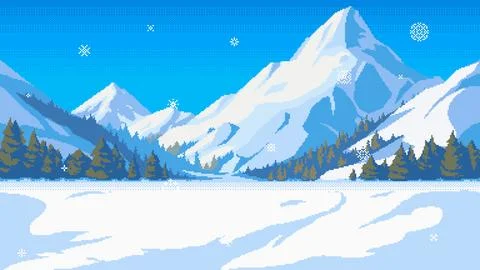 Pixel art mountains seamless background. Landscape with mountain peaks, forest 스톡 일러스트