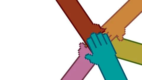Pixel art multicolored hands coming together in unity symbolizing teamwork and 库存插图