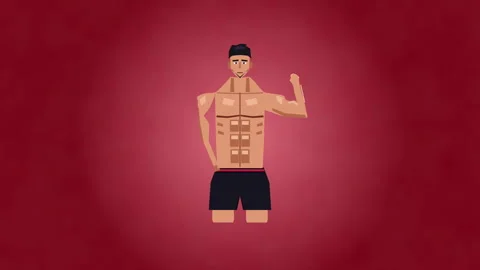 Pixel art muscular man flexing biceps animation on red background Stock Footage 346553224