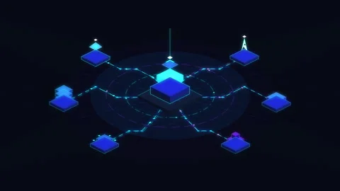 Pixel art network animation with glowing cyber data nodes Video stock 347209609