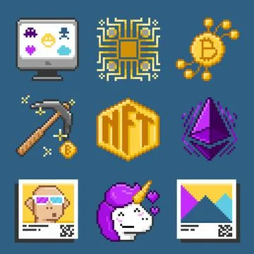 Pixel art NFT cryptocurrency bitcoin token vector illustration icons set. Illustrazione stock