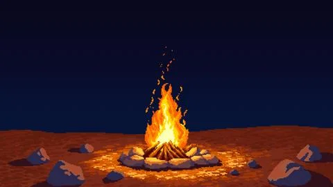 Pixel Art Night Campfire in Desert Landscape Illustrazione stock