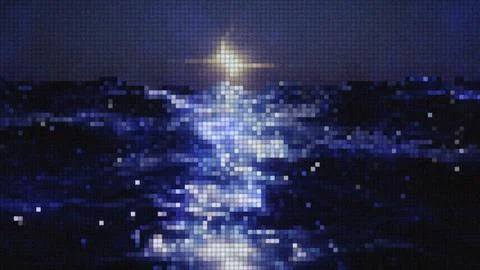 Pixel art night ocean with glowing moonlight reflection Stock Illustration