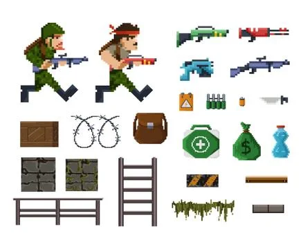 Pixel art objects and characters for shooter game Stockillustratie