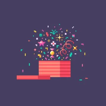 Pixel art open gift box. Surprise concept icon. Stock Illustration