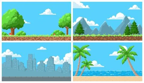 Pixel art pack featuring forest, mountains, city landscape and tropical beach. Illustrazione stock
