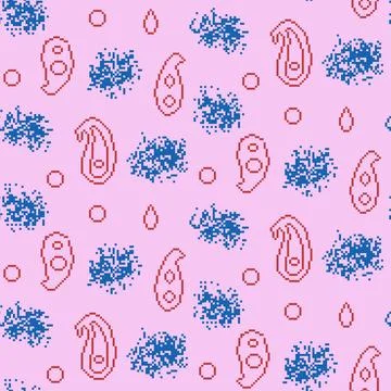 Pixel art paisley seamless pattern. Blue and pink indian ornament and dithering Stock Illustration