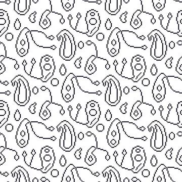 Pixel art paisley seamless pattern. Monochrome indian ornament 8 bit endless Stock Illustration