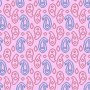 Pixel art paisley seamless pattern. Blue and pink indian ornament 8 bit endless 스톡 일러스트