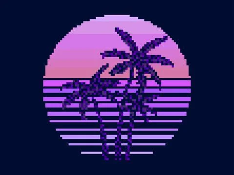 Pixel art palm trees at sunset in 80s style. 8-bit sun synthwave and retrowav Stock Illustration