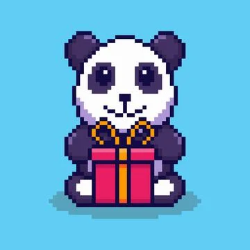 Pixel art Panda with Gift Box game asset design Stock Illustration