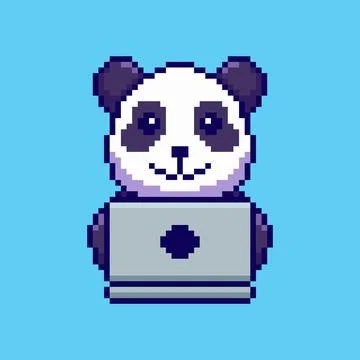 Pixel art Panda Working on Laptop game asset design Stock Illustration