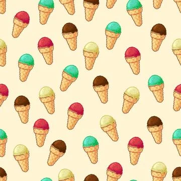 Pixel art pattern with colorful ice cream scoops in waffle cones, vector Stock Illustration