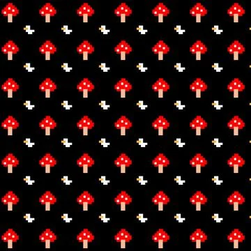 Pixel art pattern with red mushrooms and ducks on black background Stock Illustration