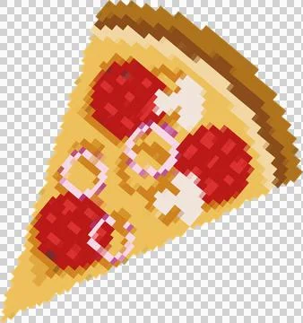Pixel art pepperoni slice featuring mushrooms and onion rings on transparent Stock Illustration