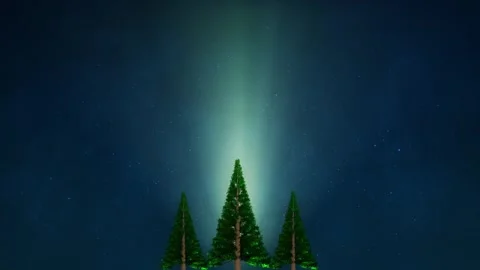 Pixel art pine trees under night sky with glowing northern lights Видео 347870433