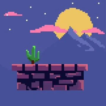 Pixel art pink clouds, mountains, brick platform Illustrazione stock