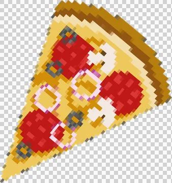 Pixel art pizza is floating on transparent backdrop, showing crust, pepperoni, Stock Illustration