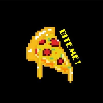 Pixel Art Pizza Slice with Bite Me Text Vector Illustration Cartoon Design Stock Illustration