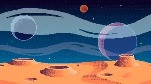 Pixel art planet surface background. Cosmic game location. Outer space seam.. Stock Illustration