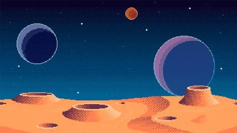 Pixel art planet surface background with moons in the sky. Cosmic game loca.. Stockillustratie