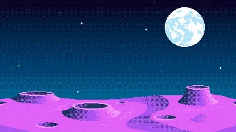 Pixel art planet surface background. Cosmic moon game location. Ilustração Stock
