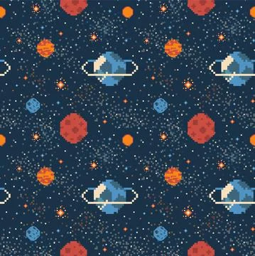 Pixel Art Planets in Space Galaxy Pattern Stock Illustration