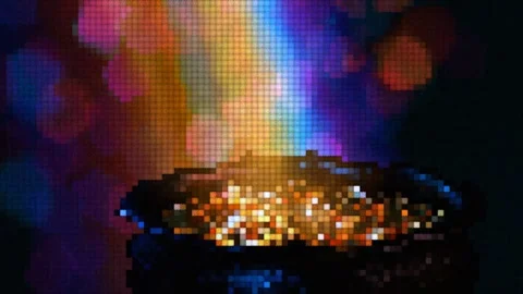 Pixel Art Pot of Gold with Glowing Rainbow Beam Stock Footage 343260235