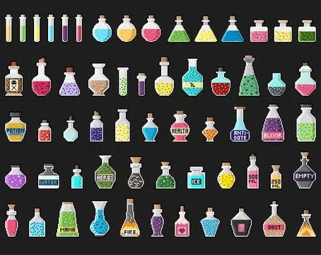 Pixel art potion icons set. Magic bottles, alchemy flasks and fantasy elixi.. Stock Illustration