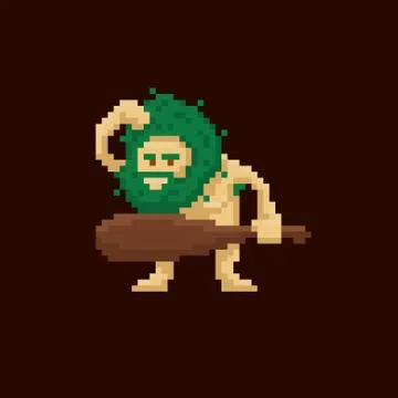 Pixel art primitive ancient cave man holding a club. Vector illustration Stock Illustration
