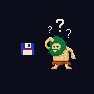 Pixel art primitive ancient cave man confused looking at floppy diskette. Vector Stock Illustration