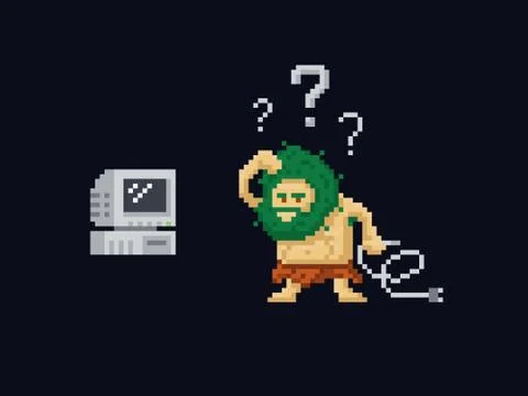 Pixel art primitive ancient cave man confused holding a power cord and looking Stock Illustration