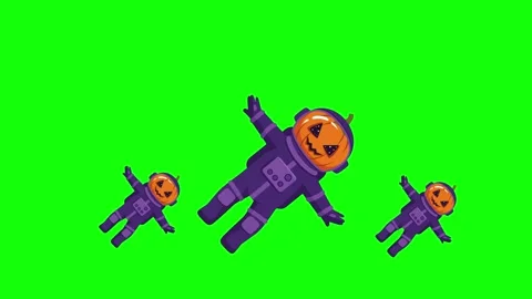 Pixel Art Pumpkin Astronauts Floating on Green Screen Stock-Footage 331050004