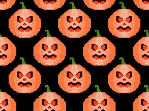 Pixel art pumpkin seamless pattern. Jack-o lantern 8-bit graphics 스톡 일러스트