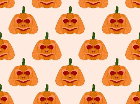 Pixel art pumpkin seamless pattern. Jack-o lantern 8-bit graphics 스톡 일러스트