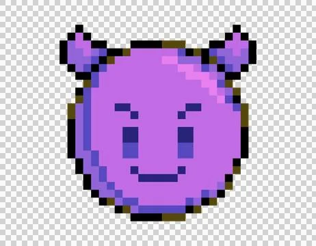 Pixel art purple devil face with horns and a mischievous smile, retro gamin.. Illustrazione stock