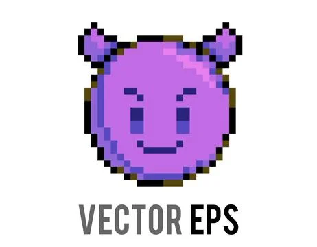 Pixel art purple devil face with horns and a mischievous smile, retro gamin.. Illustrazione stock