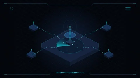 Pixel art radar technology animation, cyber security network monitoring Stock Footage 347210483