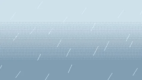 Pixel art rain fall on blue gradient background. Rain drops falling backdrop. Stock Illustration