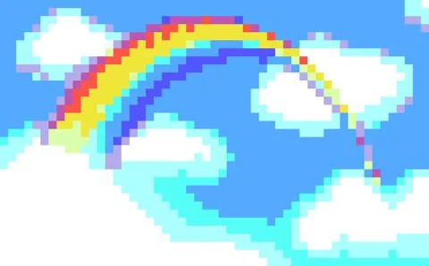 Pixel art Rainbow on a blue sky background with clouds. Stock Illustration