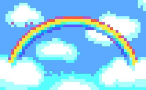 Pixel art Rainbow on blue sky background Stock Illustration