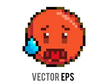 Pixel art red face icon with sweat drop and open mouth expressing distress Stock Illustration