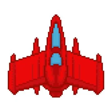 Pixel art red spaceship video game asset. 8-bit style starship vector isolated Stock Illustration
