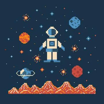 Pixel Art Retro Astronaut in Outer Space Stock Illustration
