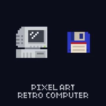 Pixel art retro computer and blue floppy diskette icon - vintage 8 bit vector Stock Illustration