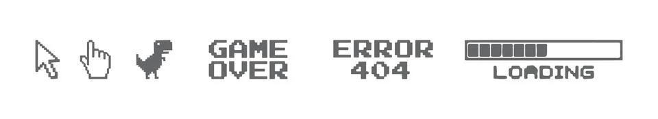 Pixel art retro computer icon set with cursor, pointer, dinosaur, error 404.. Illustrazione stock